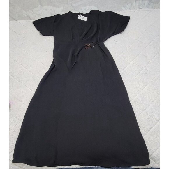 Mango Women's Black Midi Wrap Dress Hoop Detail Short Sleeve V Neck Size 6/M NWT - Picture 3 of 9